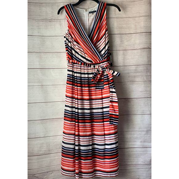 Tommy Hilfiger Striped Sleeveless Dress Wrapped V-Neckline A-Line Tie Size 4 - Picture 1 of 16